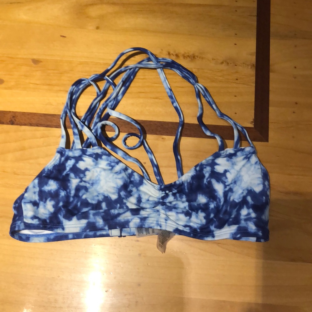 White and blue cross back bathing suit top